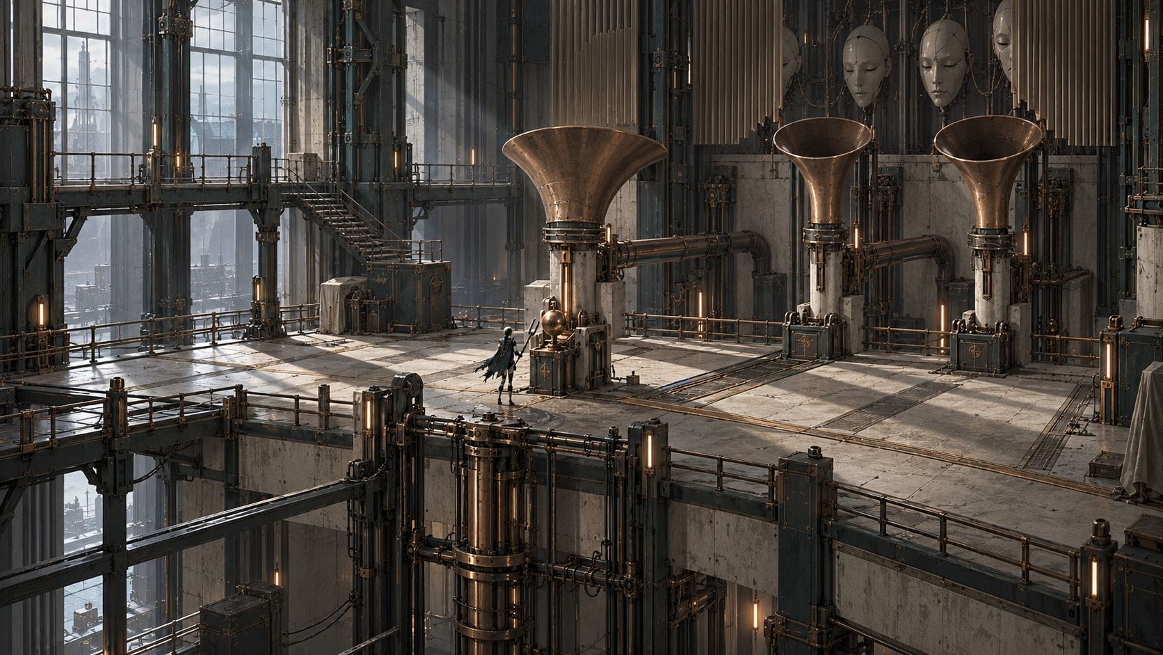 A tall workshop full of brass horns and ceramic masks; a small android moves between machines on the floor.