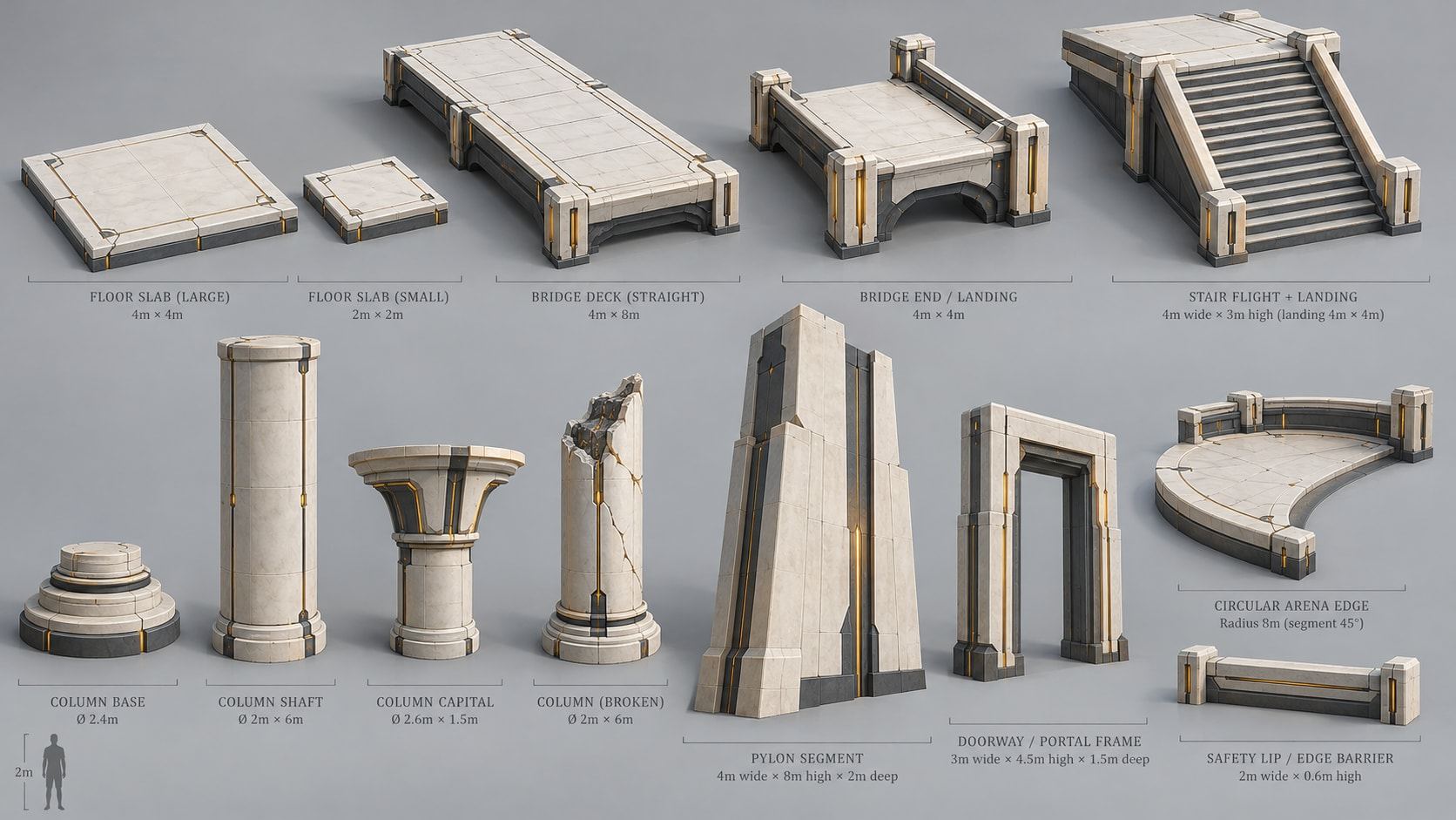 Concept sheet of modular white stone pieces: stairs, columns, arches and walls on a grey background.