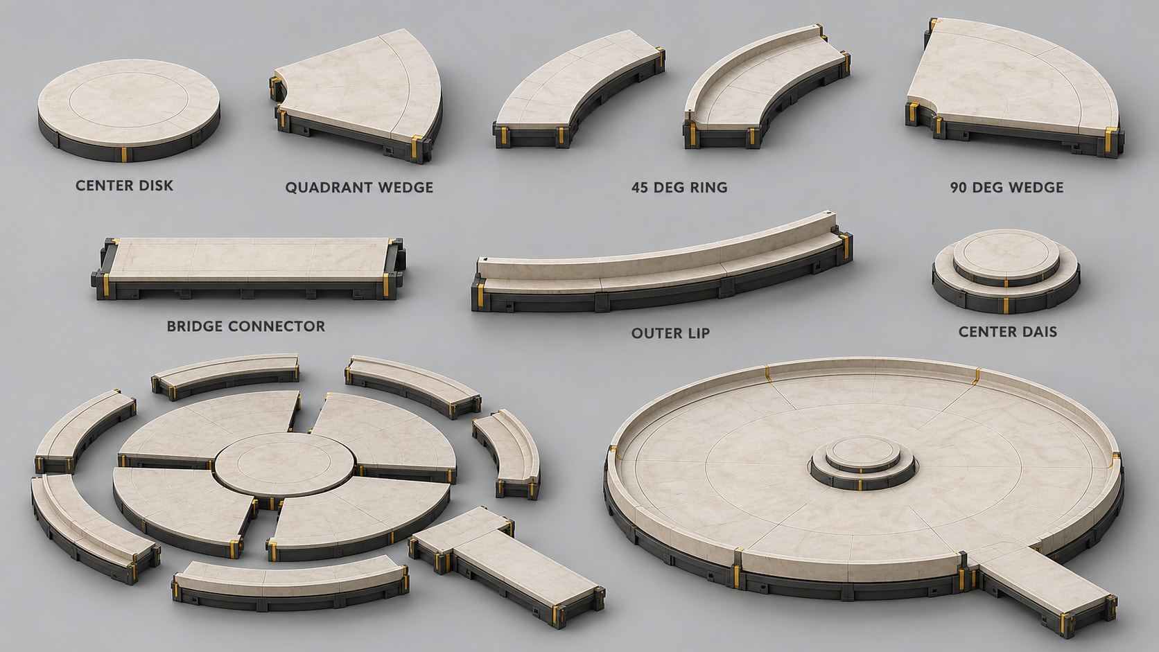 Concept sheet of curved floor segments, rings and wedges for assembling a circular arena.