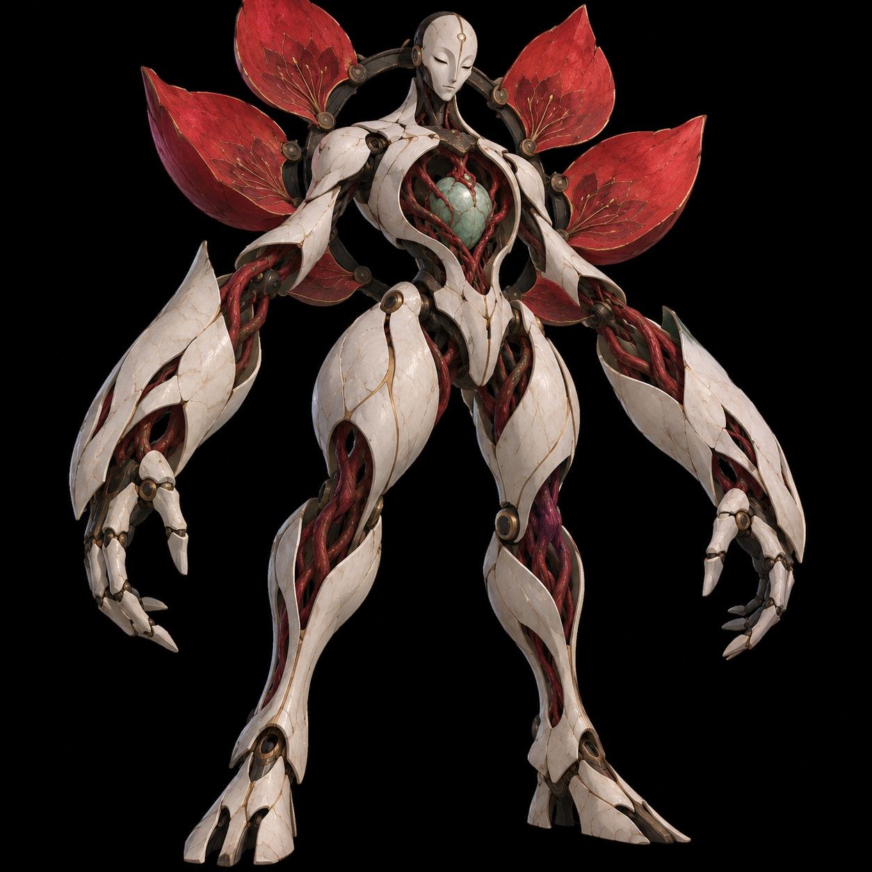 A lean white humanoid machine with crimson petal-like plates on its shoulders and a jade heart in its chest.