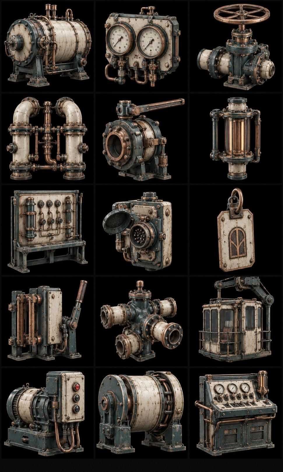 Prop sheet of copper industrial modules: tanks, gauges, valves and pumps.
