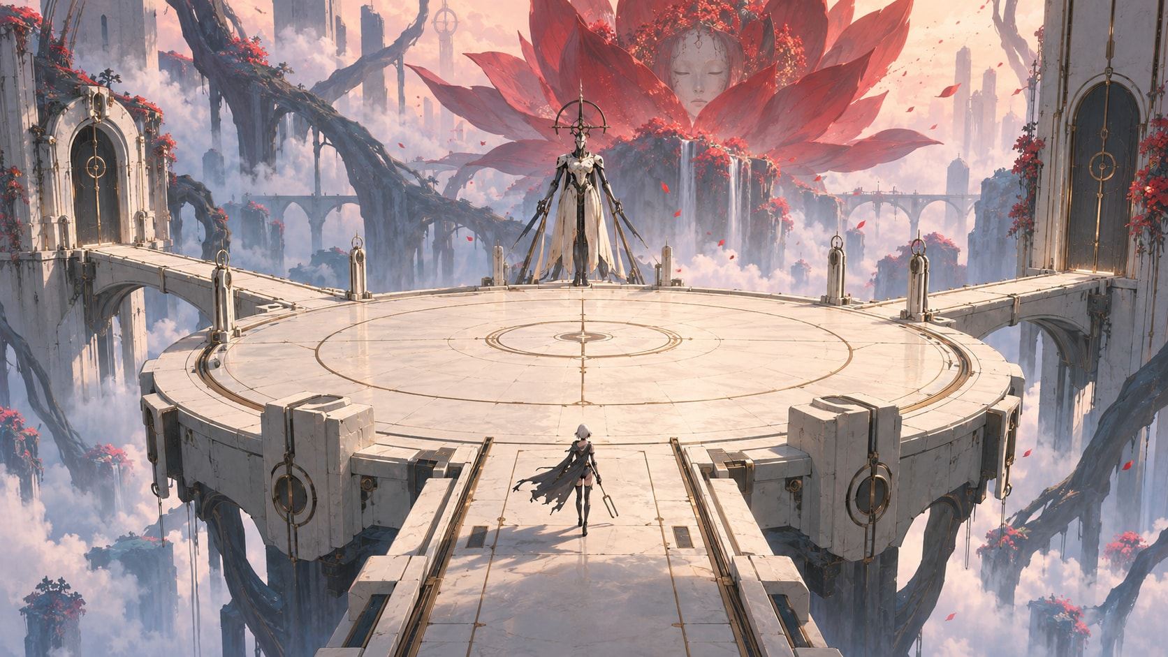 A circular white arena floats beneath an enormous crimson lotus; the heroine approaches a lone figure at its centre.