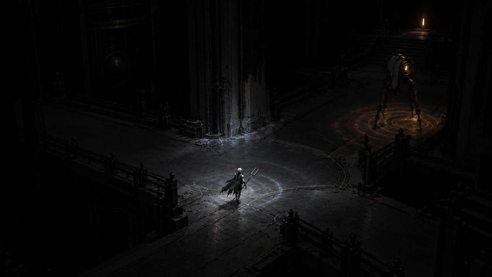 Near-total darkness; a single dim beacon reveals a narrow walkway and a small figure.