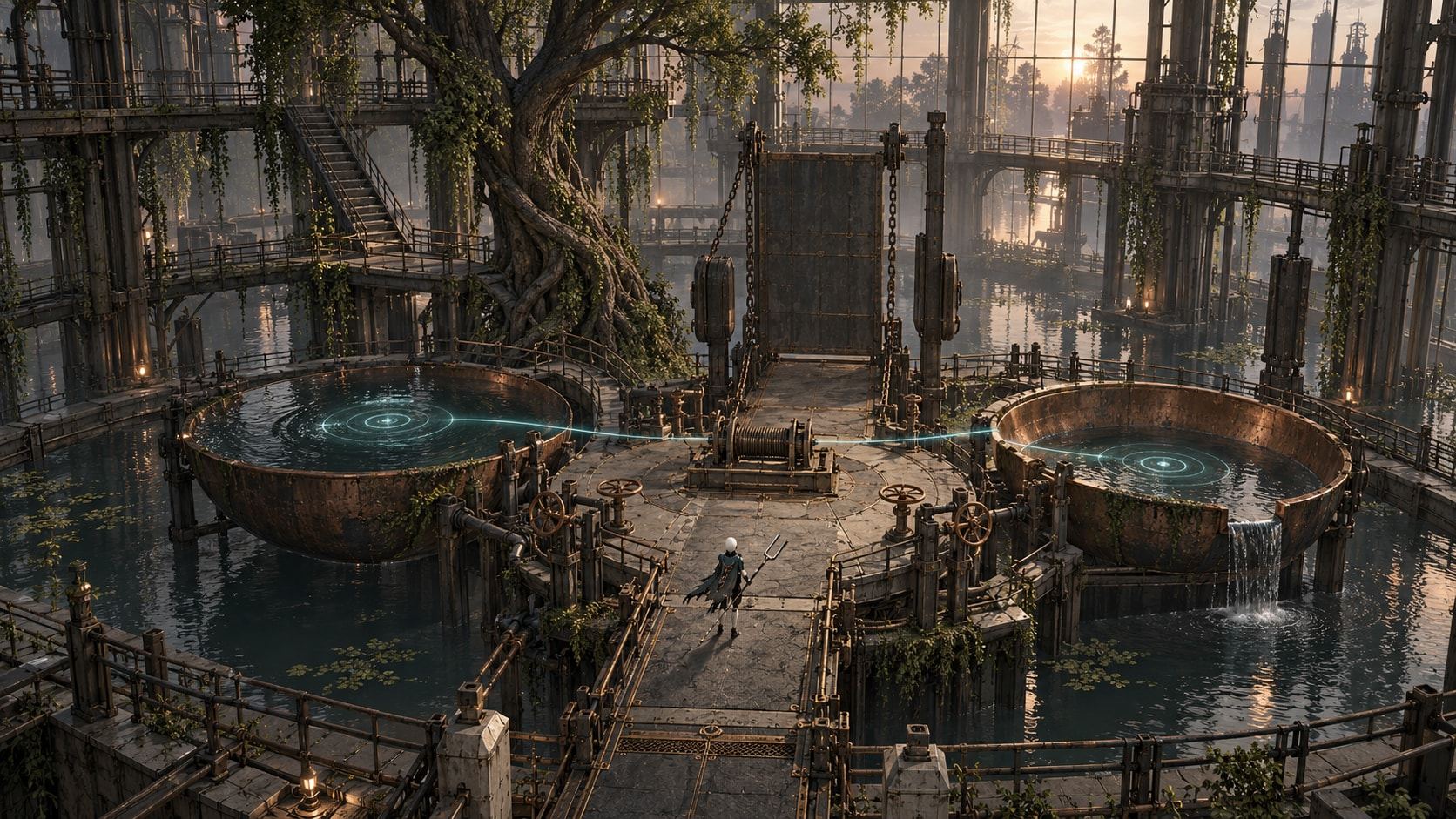 A flooded greenhouse hall with two copper bowls connected by walkways over dark water.