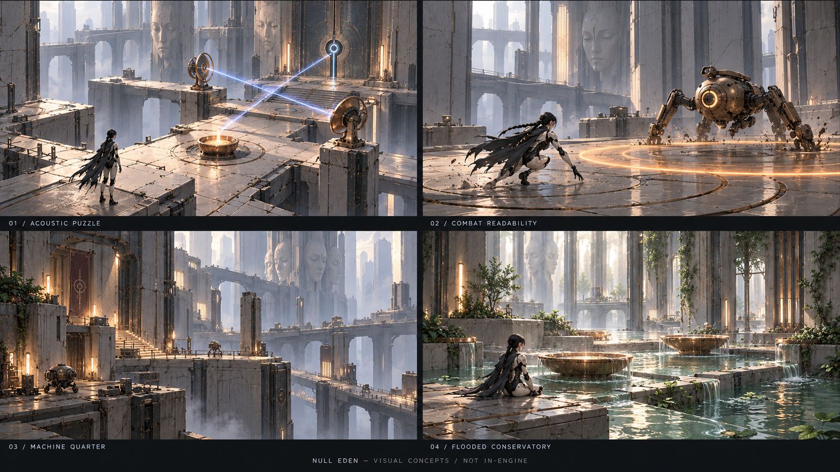 Four concept scenes with a ceramic android: copper acoustic mirrors over a void, an amber enemy attack ring, monumental machine terraces, and water-filled conservatory walkways.