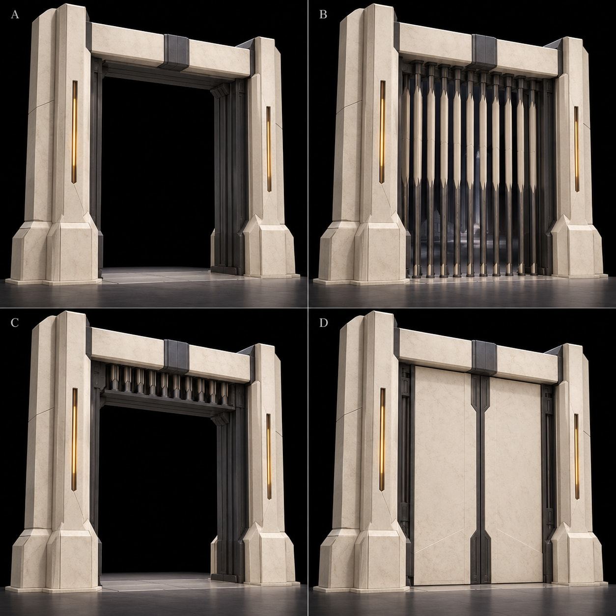 Four views of the same white monumental gate: open, barred, half-closed and sealed.