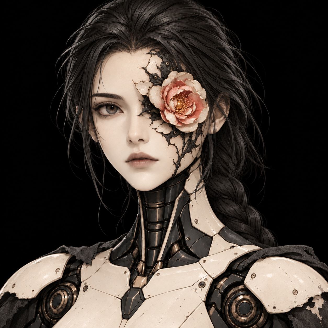 Close study of the android's face with a compact camellia set into a crack beside her eye.