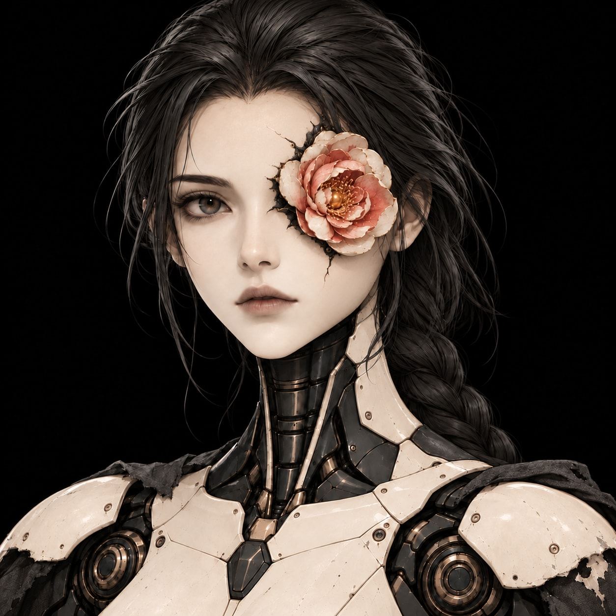 Portrait of a pale ceramic android woman with long dark braided hair and a coral camellia blooming over her left eye.