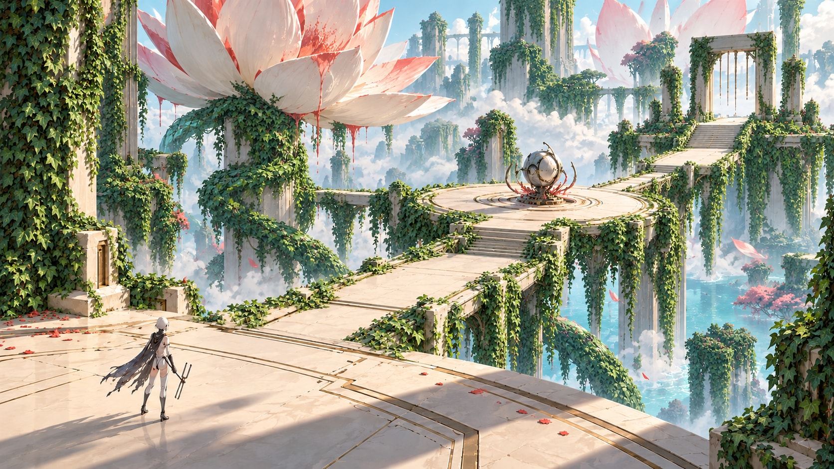 Emerald ivy pours over white arches around a raised circular platform suspended in bright air.