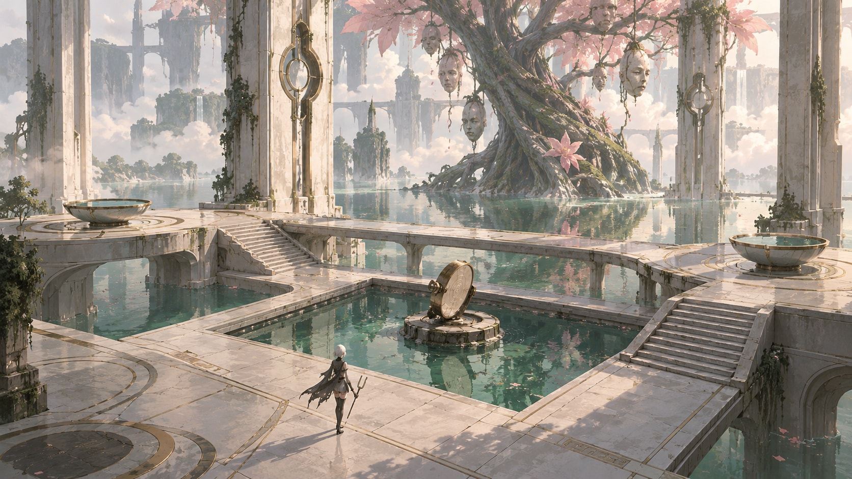 A calm green pool in a white courtyard beneath a twisted blossoming tree; a small figure stands at the water's edge.
