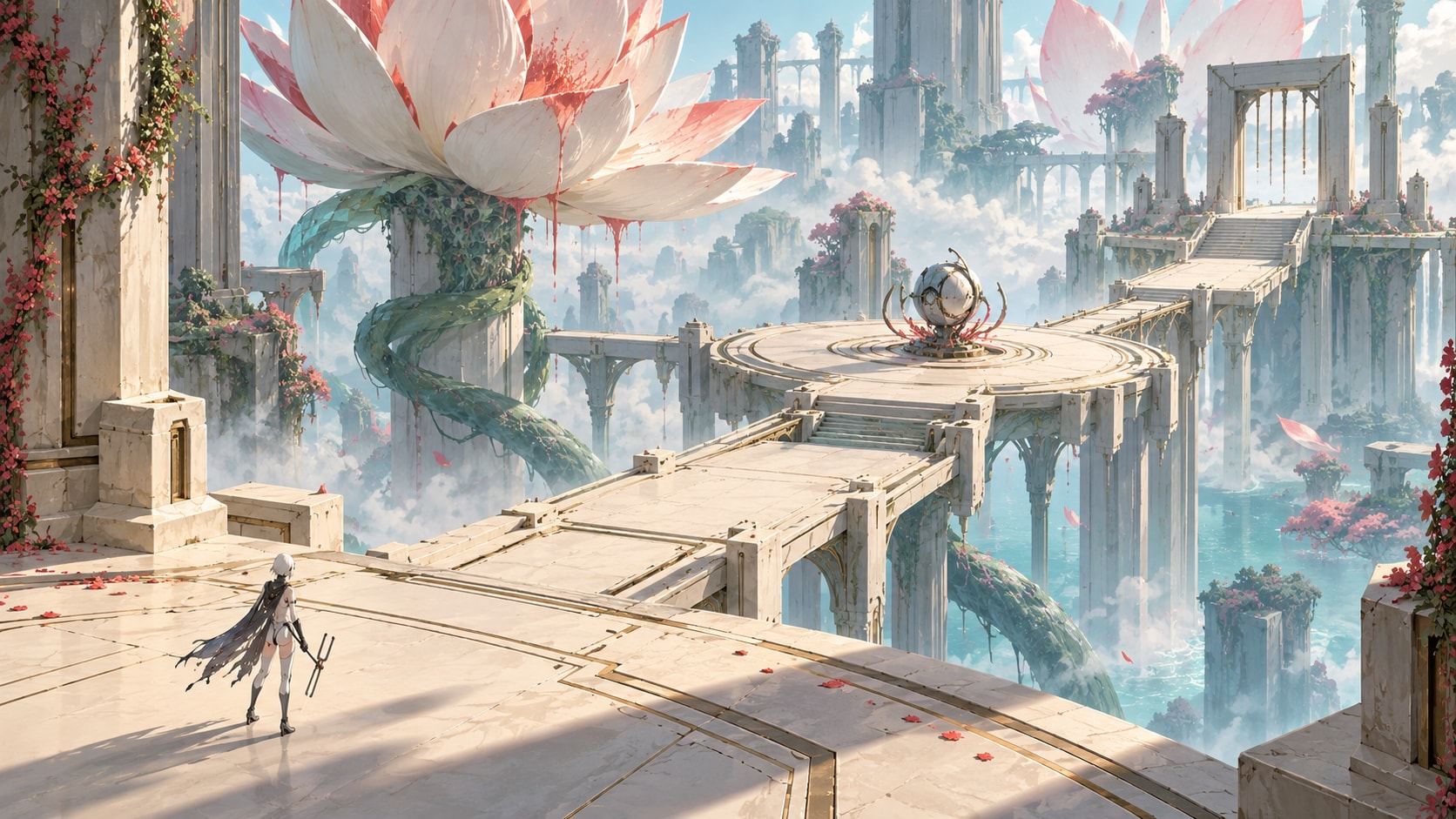 A long bright path of floating stone leads toward a giant lotus among distant towers.