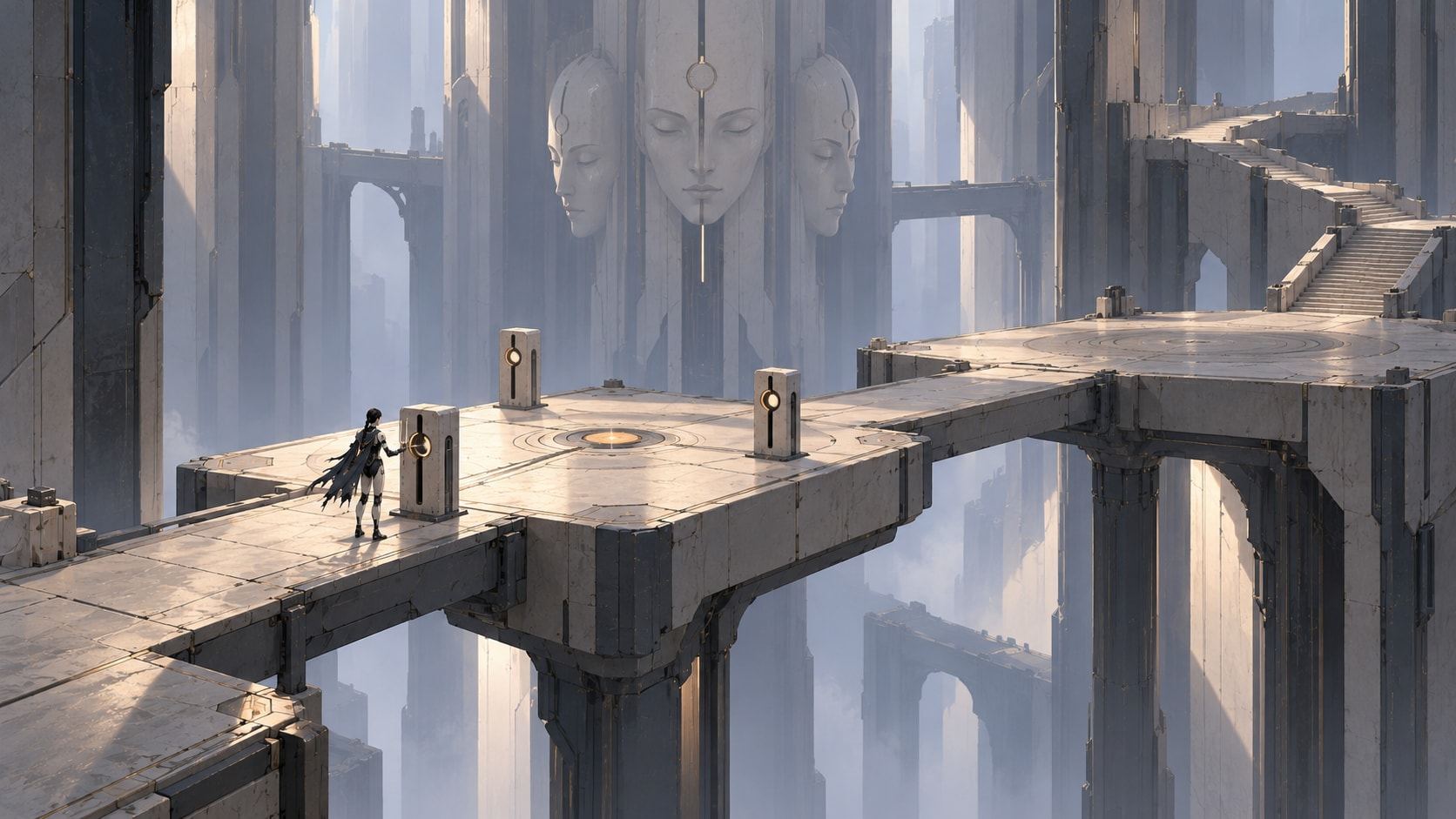 A small cloaked android walks along a pale stone bridge through a vast hall of white towers and carved masks, lit by cold haze.