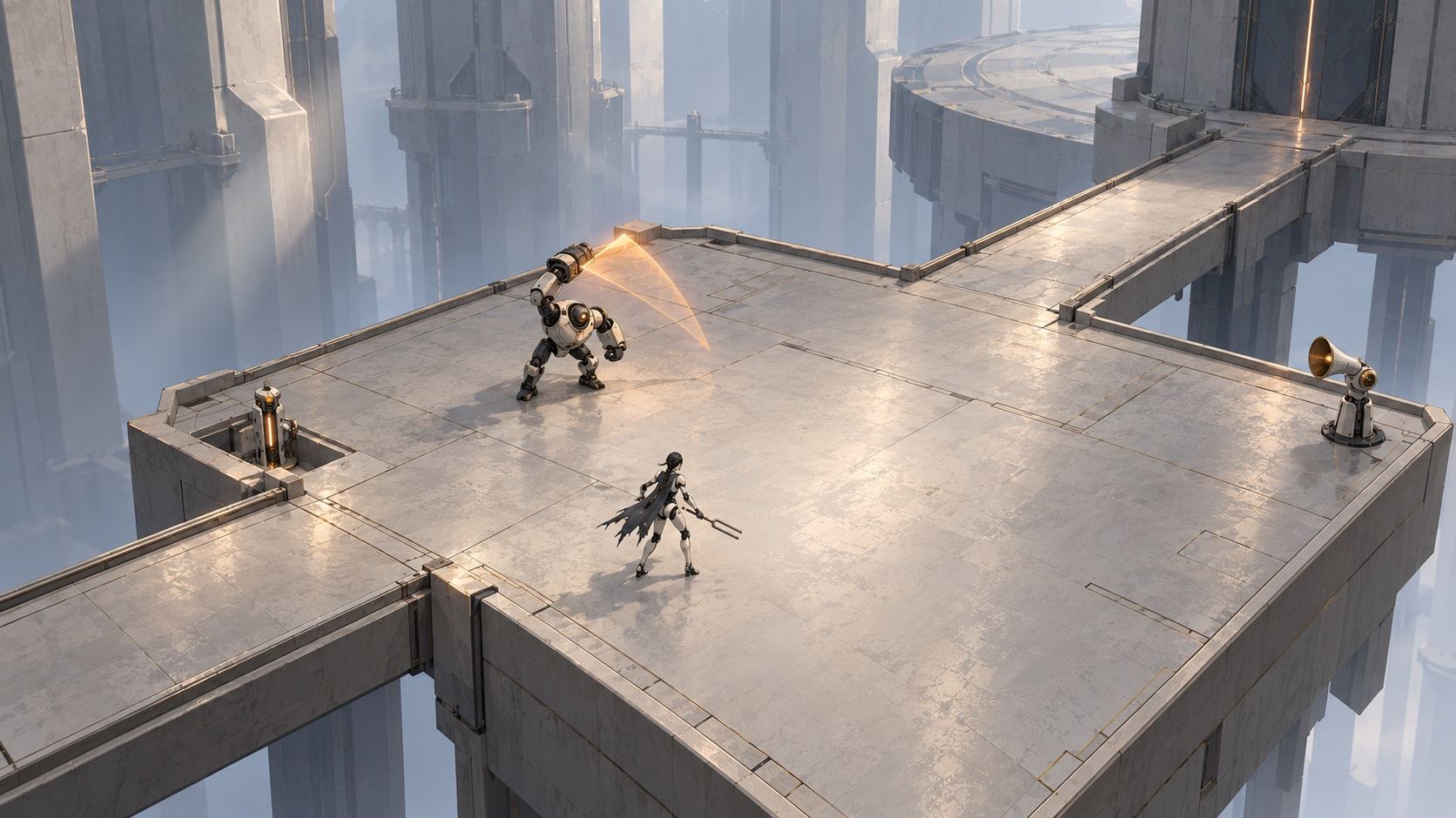 Top-down view of a white platform in the sky; the heroine faces a machine opponent across a clean stone floor.