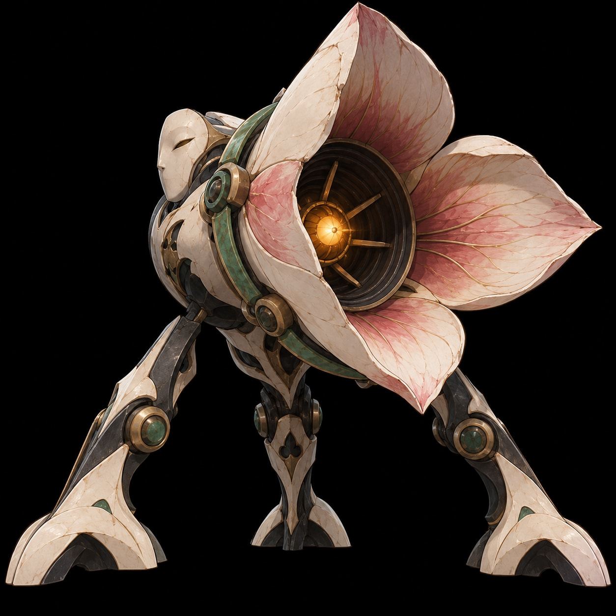 A three-legged porcelain automaton whose body opens into a huge pink flower with a glowing amber core.