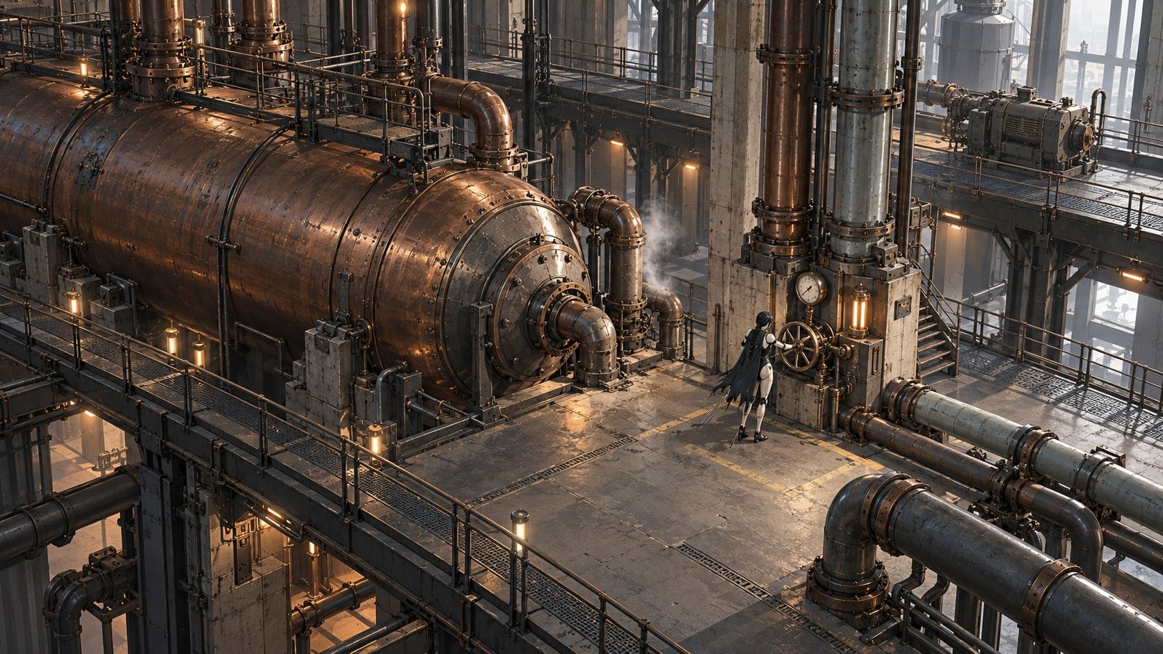 An industrial hall of enormous copper pressure tanks and pipes seen from above, with walkways lit by small lamps.