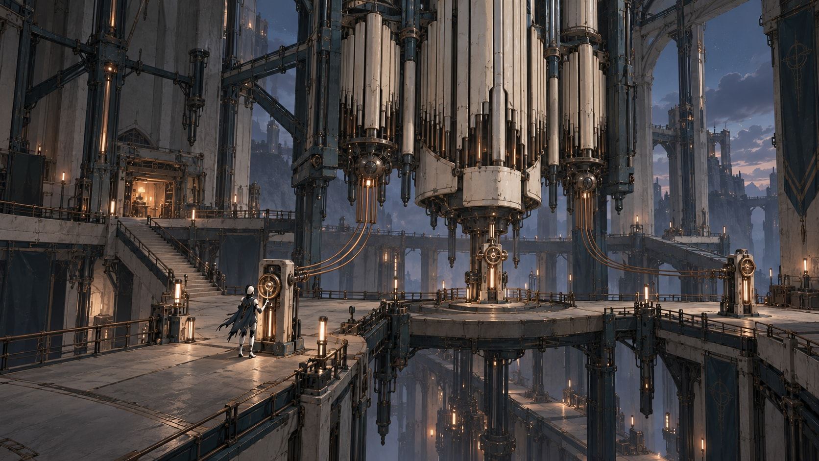A tall night-lit hall with a towering cylindrical machine of pale pipes rising from a reflective floor.