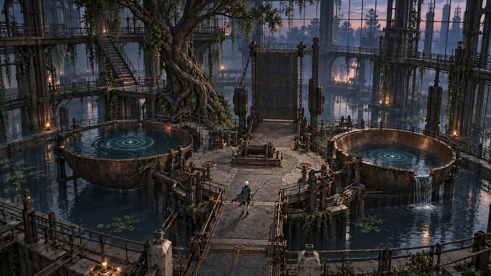 Two large copper bowls of water sit in a twilight hall beneath an old tree growing through iron scaffolding.
