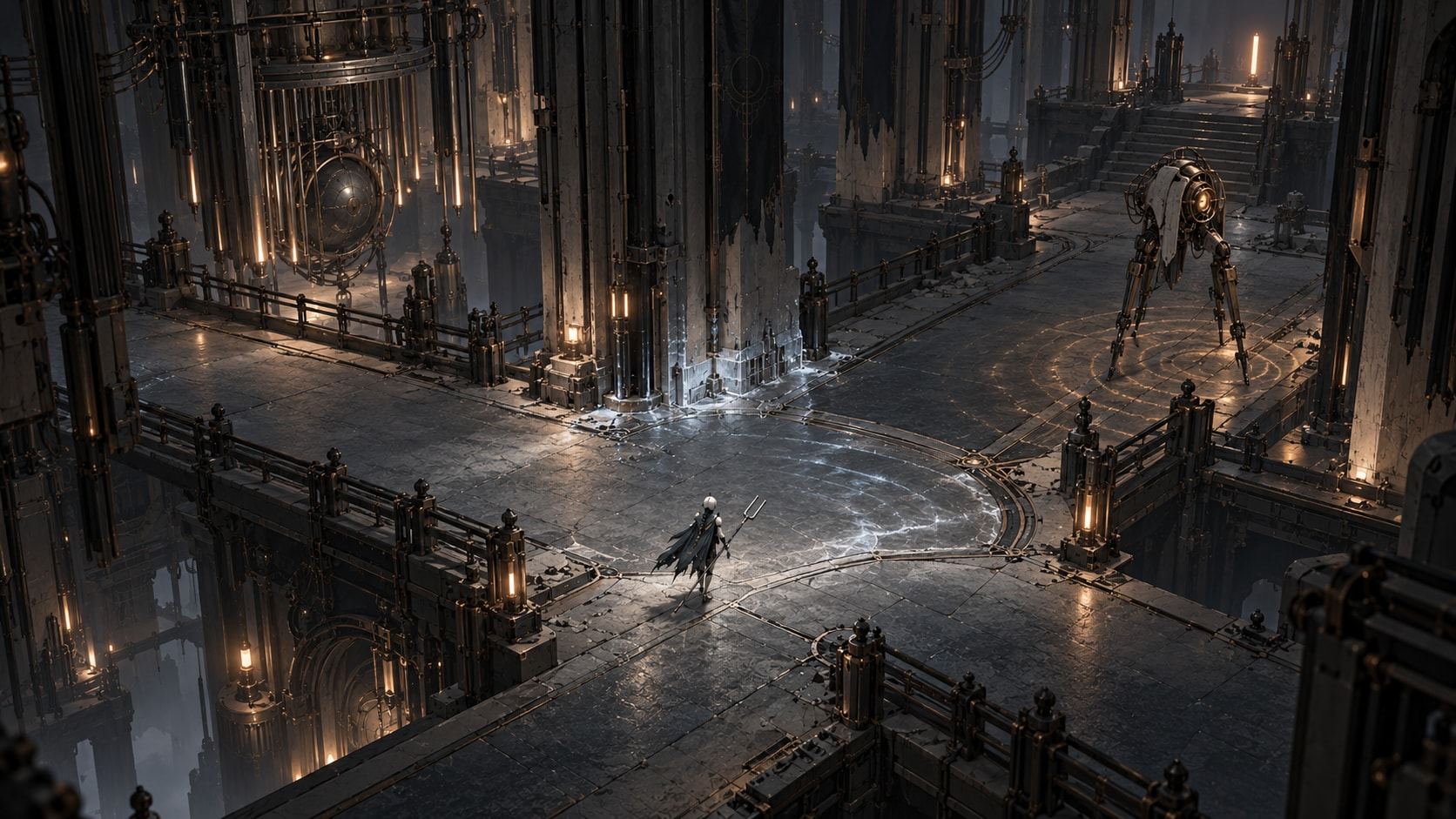 Dark stone corridors split around a central pillar, faint light pooling on wet floor tiles.