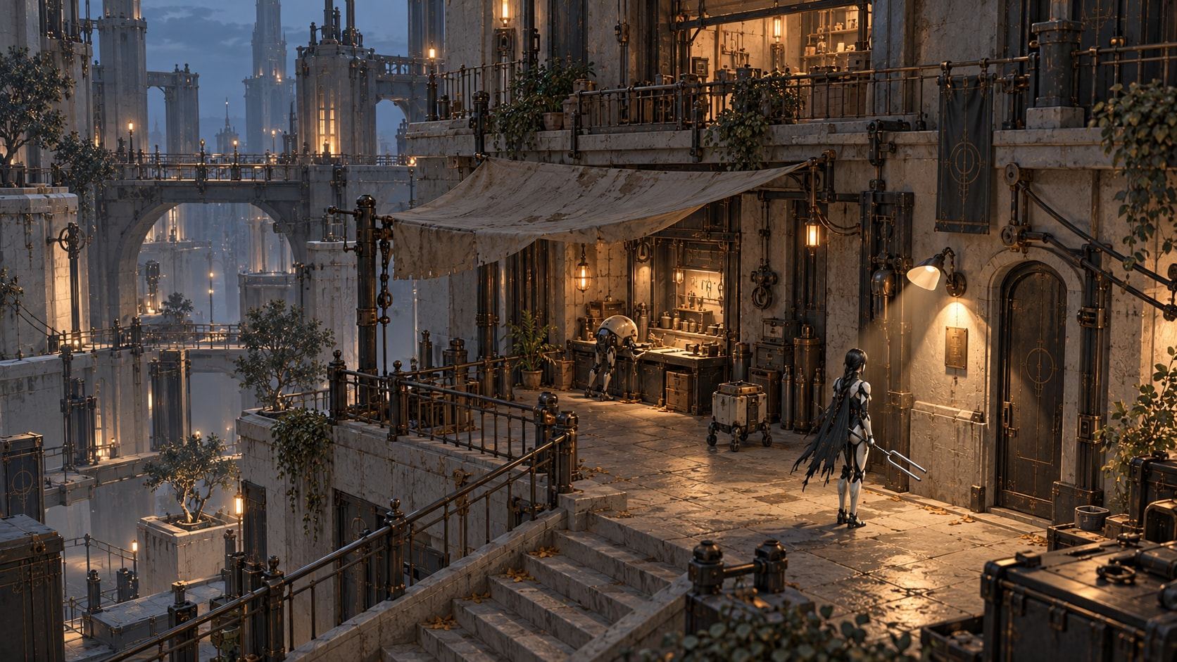 A dusky courtyard of stacked stone terraces, awnings and stairs, lit by warm amber lamps.