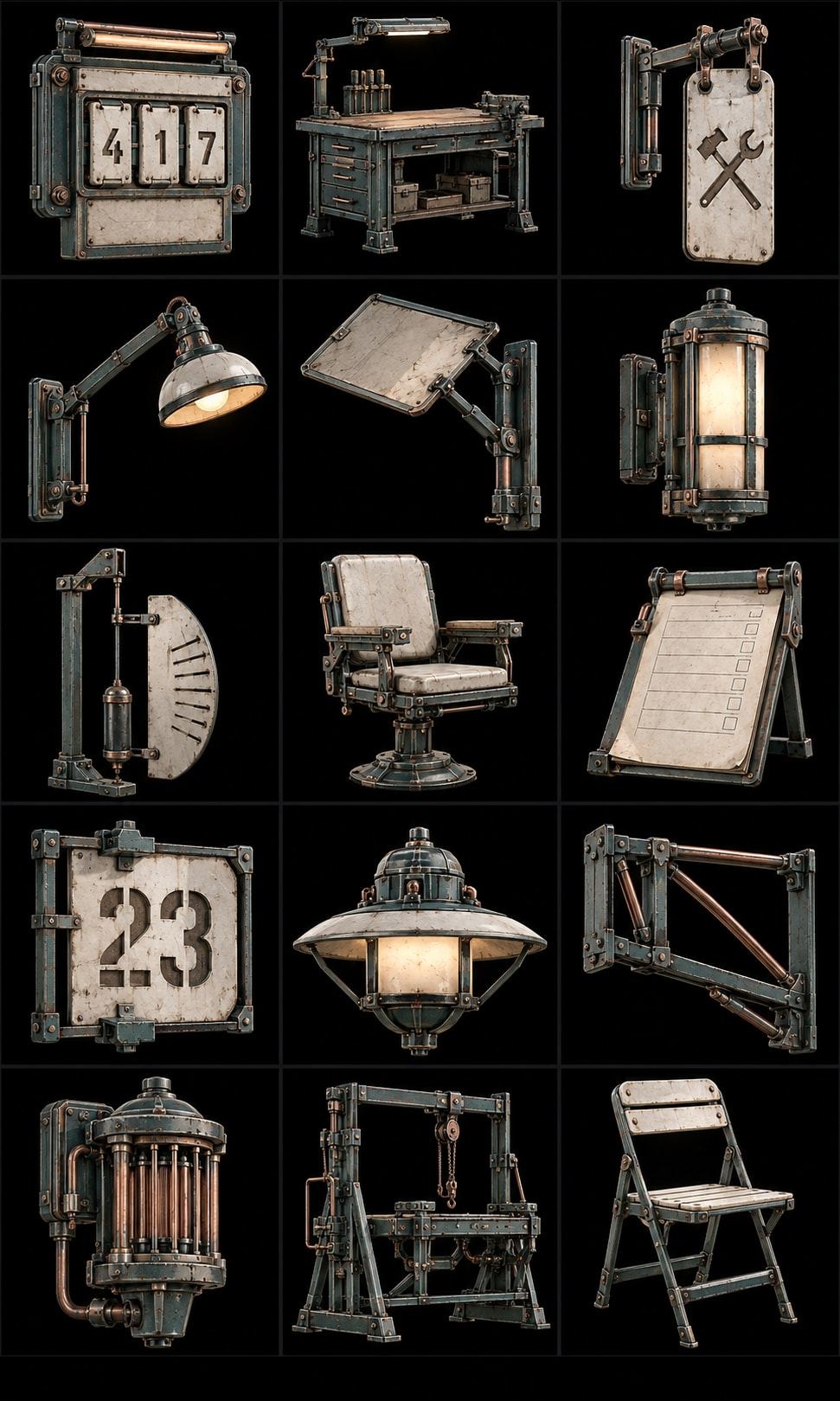 Prop sheet of domestic objects: lamps, chairs, signs, a desk and number plates.