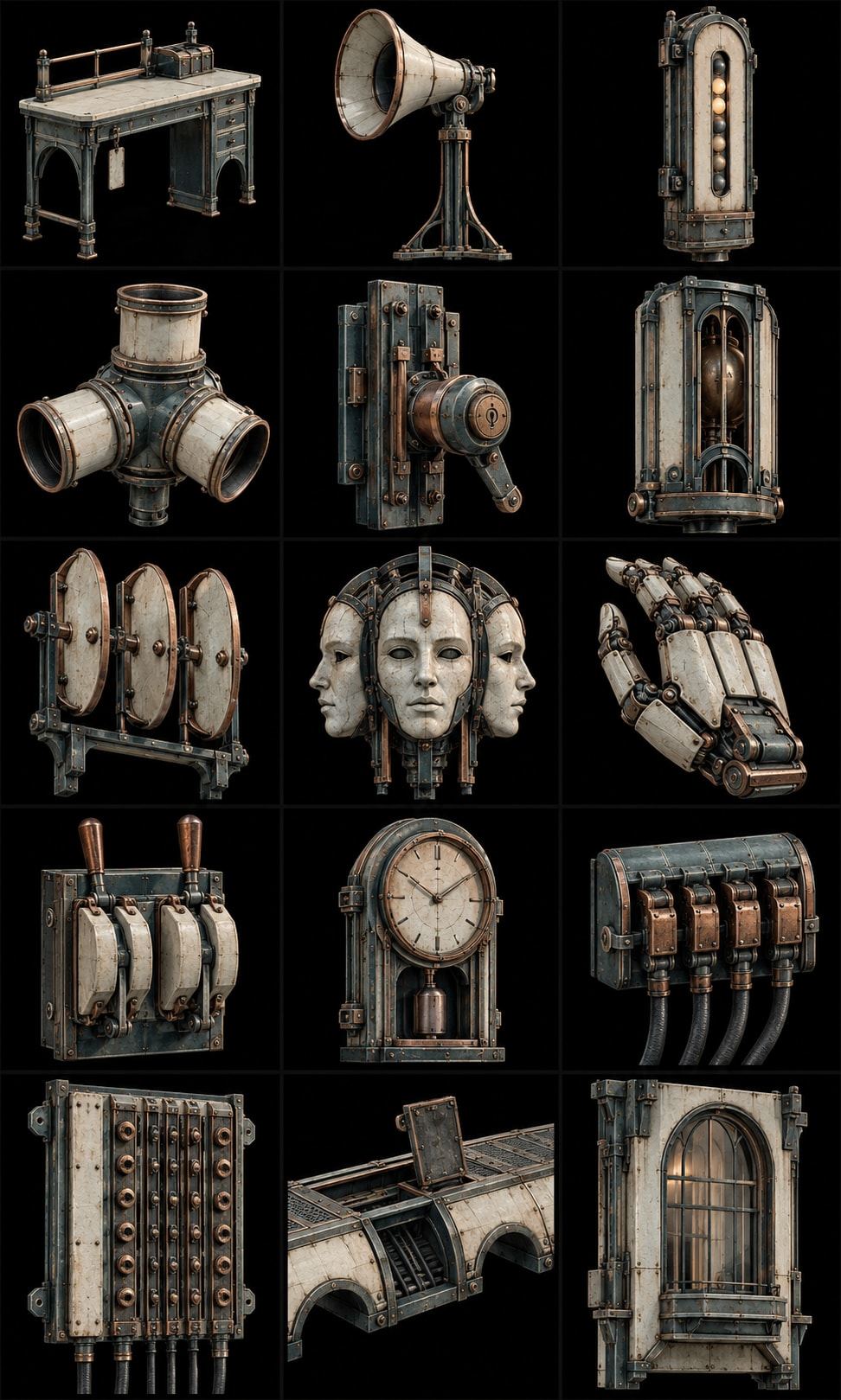 Prop sheet of fifteen objects: horns, clocks, ceramic masks, switches and small machines.